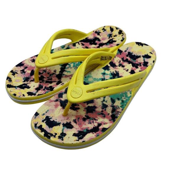 Crocs Womens Toe Post Flip Flop Yellow Floral Tie Dye Boho Summer Shoes … - Picture 2 of 5